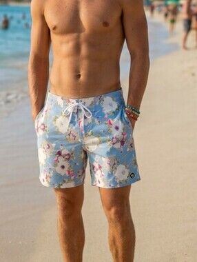 Ezekiel Floral Man Bath Suit Light Blue Board Shorts with Drawstring